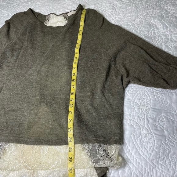 A'REVE Anthropologie Kimono Sleeve Lace Bottom Tie Back Brown Knit Top Size L - Picture 7 of 12